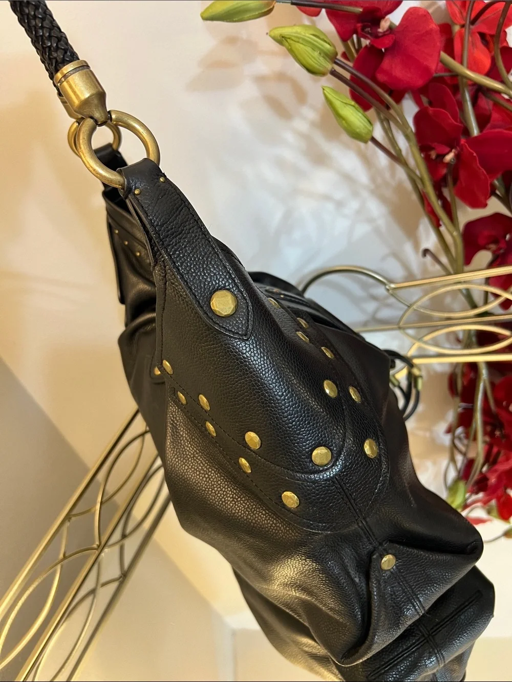 NWT Cole Haan Collection Black Leather Studded Hobo Shoulder Bag Vintage Y2K